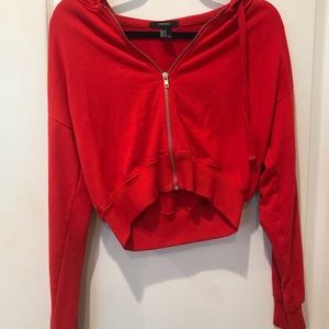 red cropped zip up hoodie